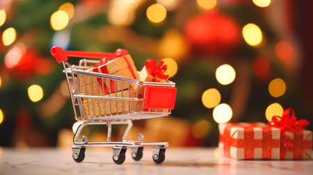 Christmas holiday background. shopping cart full of Christmas decorations, toys and balls on table close up. AI generatedの素材