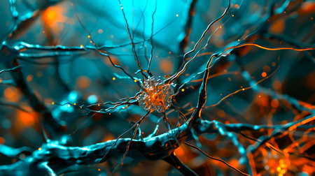Neurons activity. Synapses and axones transmitting electrical signals. AI generatedの素材