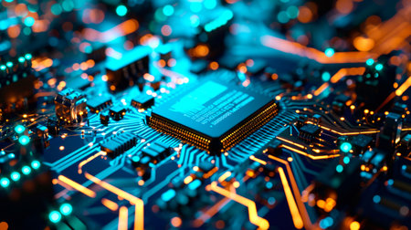 Close-up view of a modern GPU card with circuit and colorful lights. AI generated.の素材