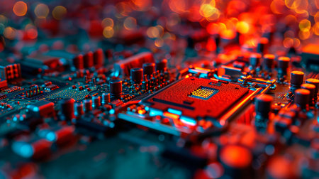 Close-up view of a modern GPU card with circuit and colorful lights. AI generated.の素材