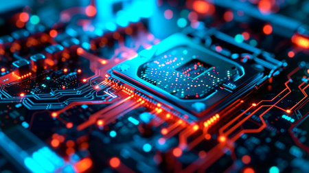 Close-up view of a modern GPU card with circuit and colorful lights. AI generated.の素材