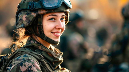 Girl soldier in military uniform, military in the background. AI generated.の素材