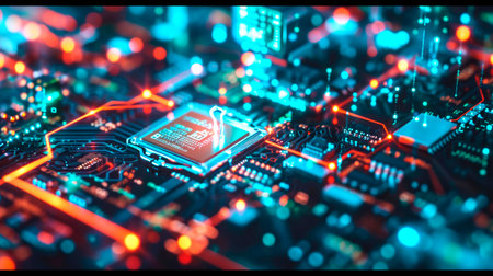 Close-up view of a modern GPU card with circuit and colorful lights. AI generated.の素材