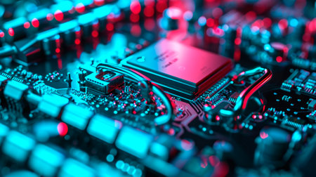 Close-up view of a modern GPU card with circuit and colorful lights. AI generated.の素材