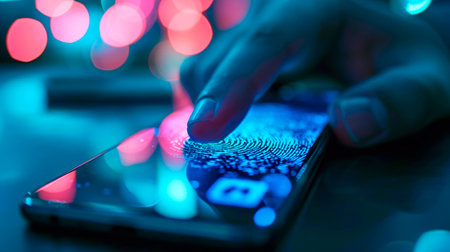 concept of two-factor verification on a smartphone using a fingerprint. AI generated.の素材