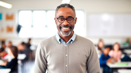Portrait of a smiling African American male teacher, with students in the background. AI generated.の素材