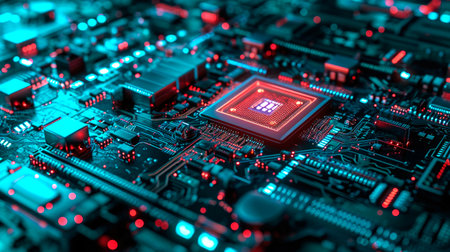 Close-up view of a modern GPU card with circuit and colorful lights. AI generated.の素材