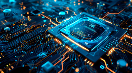 Close-up view of a modern GPU card with circuit and colorful lights. AI generated.の素材