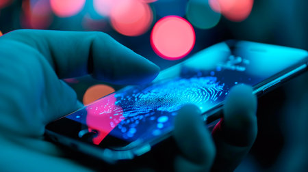 concept of two-factor verification on a smartphone using a fingerprint. AI generated.の素材