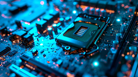 Close-up view of a modern GPU card with circuit and colorful lights. AI generated.の素材