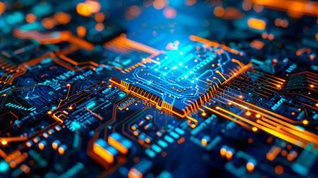 Close-up view of a modern GPU card with circuit and colorful lights. AI generated.の素材