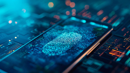 concept of two-factor verification on a smartphone using a fingerprint. AI generated.の素材