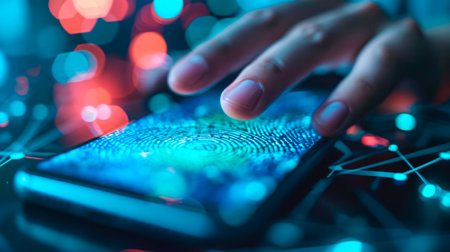 concept of two-factor verification on a smartphone using a fingerprint. AI generated.の素材