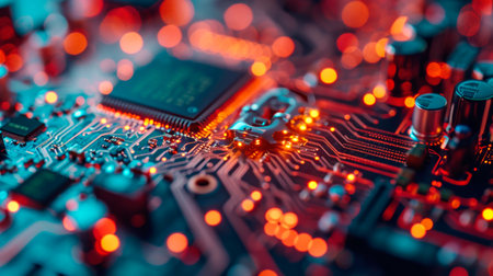 Close-up view of a modern GPU card with circuit and colorful lights. AI generated.の素材