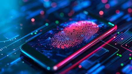 concept of two-factor verification on a smartphone using a fingerprint. AI generated.の素材