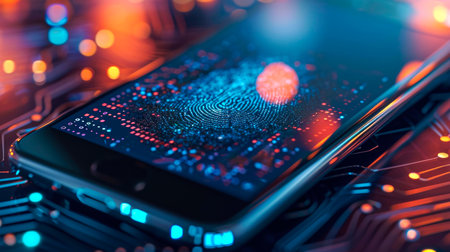 concept of two-factor verification on a smartphone using a fingerprint. AI generated.の素材