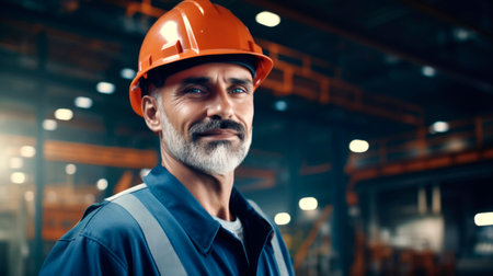 Men industrial engineer wearing a while standing in a heavy industrial factory. AI generated.の素材