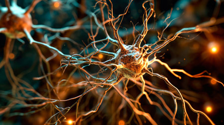 Neurons activity. Synapses and axones transmitting electrical signals. AI generatedの素材