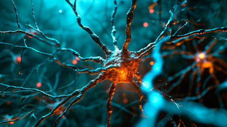 Neurons activity. Synapses and axones transmitting electrical signals. AI generatedの素材