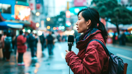 A ready reporter to conduct an interview on the street. AI generatedの素材