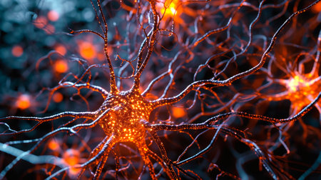Neurons activity. Synapses and axones transmitting electrical signals. AI generatedの素材