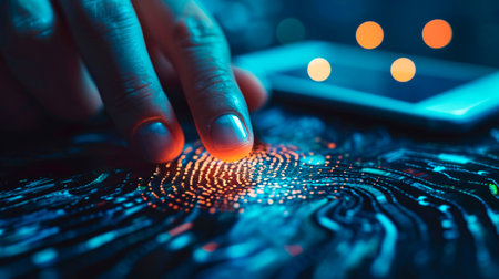 concept of two-factor verification on a smartphone using a fingerprint. AI generated.の素材