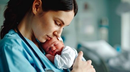 Pretty woman holding a newborn baby in her arms. AI generatedの素材