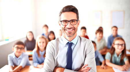 Portrait of a male teacher smiling, with students in the background. AI generated.の素材