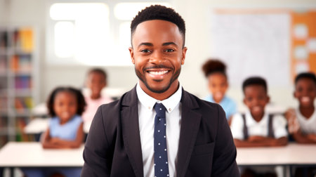 Portrait of a smiling African American male teacher, with students in the background. AI generated.の素材