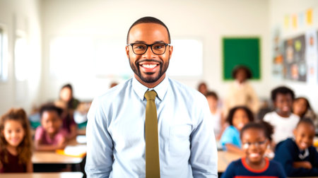Portrait of a smiling African American male teacher, with students in the background. AI generated.の素材