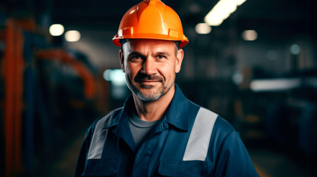 Men industrial engineer wearing a while standing in a heavy industrial factory. AI generated.の素材
