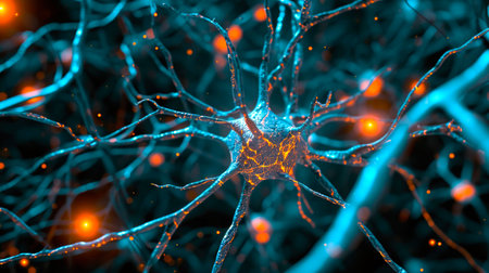 Neurons activity. Synapses and axones transmitting electrical signals. AI generatedの素材