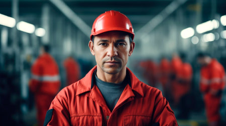 Men industrial engineer wearing a while standing in a heavy industrial factory. AI generated.の素材