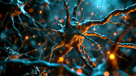 Neurons activity. Synapses and axones transmitting electrical signals. AI generatedの素材