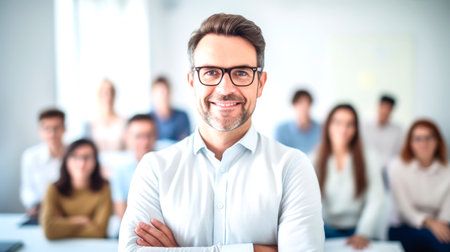 Portrait of a male teacher smiling, with students in the background. AI generated.の素材