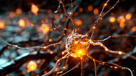 Neurons activity. Synapses and axones transmitting electrical signals. AI generatedの素材