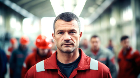 Men industrial engineer wearing a while standing in a heavy industrial factory. AI generated.の素材