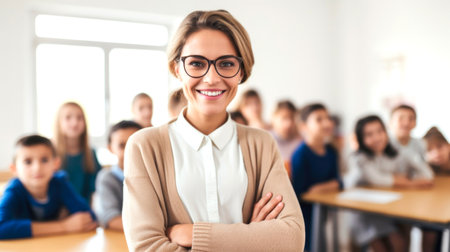 Portrait of a female teacher smiling, with students in the background. AI generated.の素材