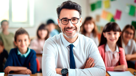 Portrait of a male teacher smiling, with students in the background. AI generated.の素材