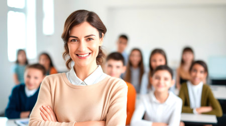 Portrait of a female teacher smiling, with students in the background. AI generated.の素材