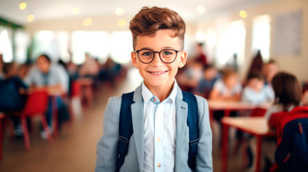Portrait of a boy student smiling, with students in the background. AI generated.の素材