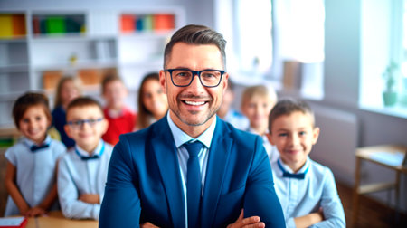 Portrait of a male teacher smiling, with students in the background. AI generated.の素材
