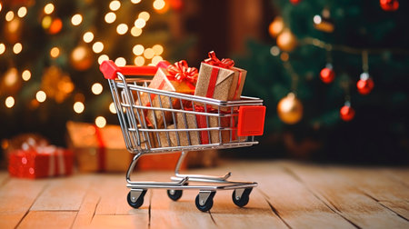 Christmas holiday background. shopping cart full of Christmas decorations, toys and balls on table close up. AI generatedの素材