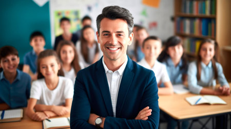 Portrait of a male teacher smiling, with students in the background. AI generated.の素材