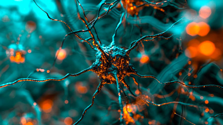 Neurons activity. Synapses and axones transmitting electrical signals. AI generatedの素材