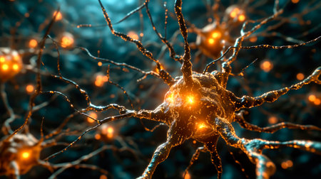 Neurons activity. Synapses and axones transmitting electrical signals. AI generatedの素材