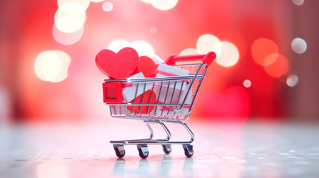 Miniature basket with gifts, sales concept for Valentine's day. AI generatedの素材