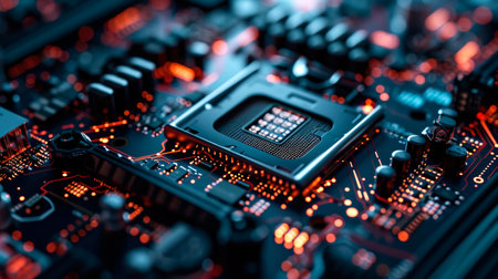 Close-up view of a modern GPU card with circuit and colorful lights. AI generated.の素材