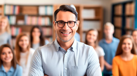 Portrait of a male teacher smiling, with students in the background. AI generated.の素材