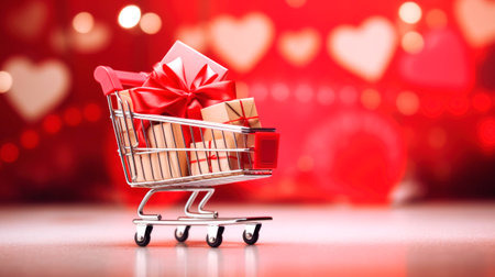 Miniature basket with gifts, sales concept for Valentine's day. AI generatedの素材